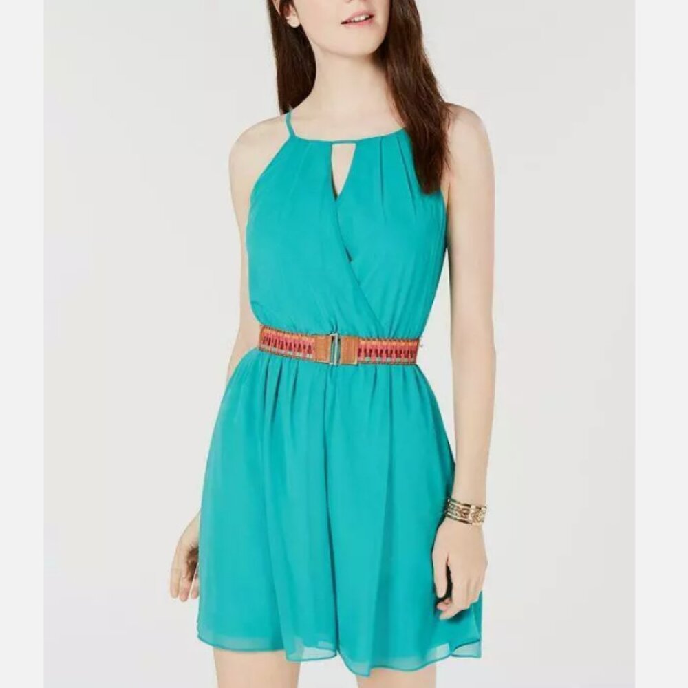 BCX Juniors Size Small Teal Green Belted Chiffon Mini Dress